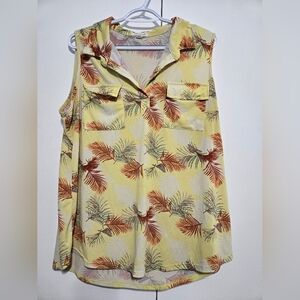 Blue Mood Tropical Palm Print Sleeveless Blouse 2X Yellow Lightweight Summer Top